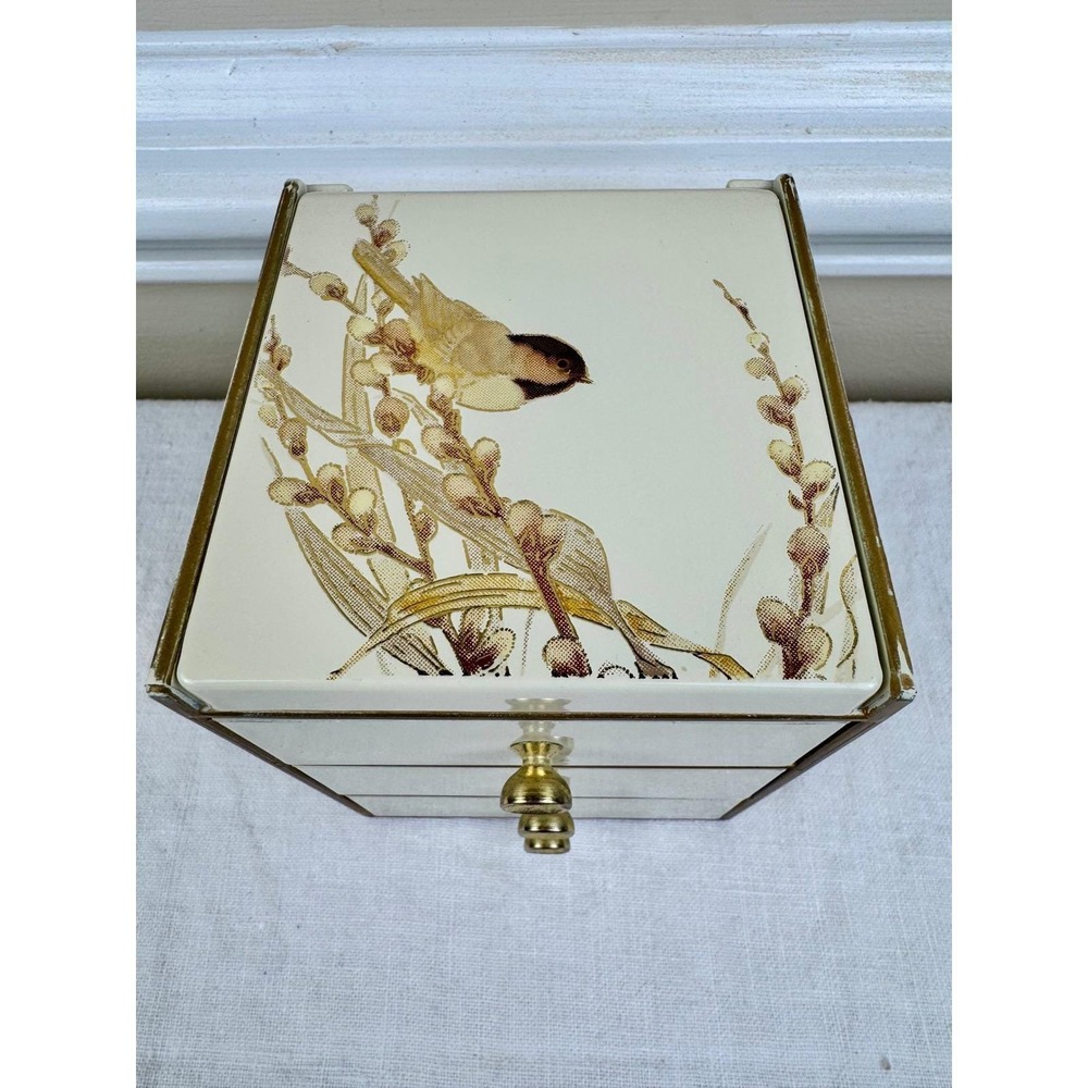 Vintage Otagiri Lacquerware Asian Bird Jewelry Box 3 Drawer Mirror Cream Mini